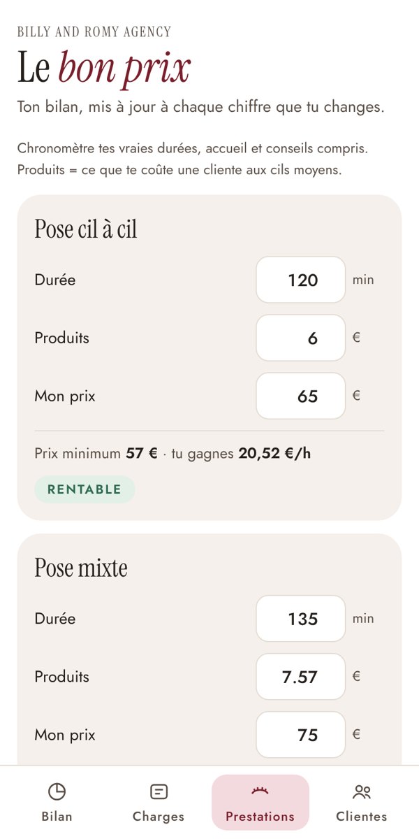 Onglet Prestations du calculateur : durée, produits, prix et verdict